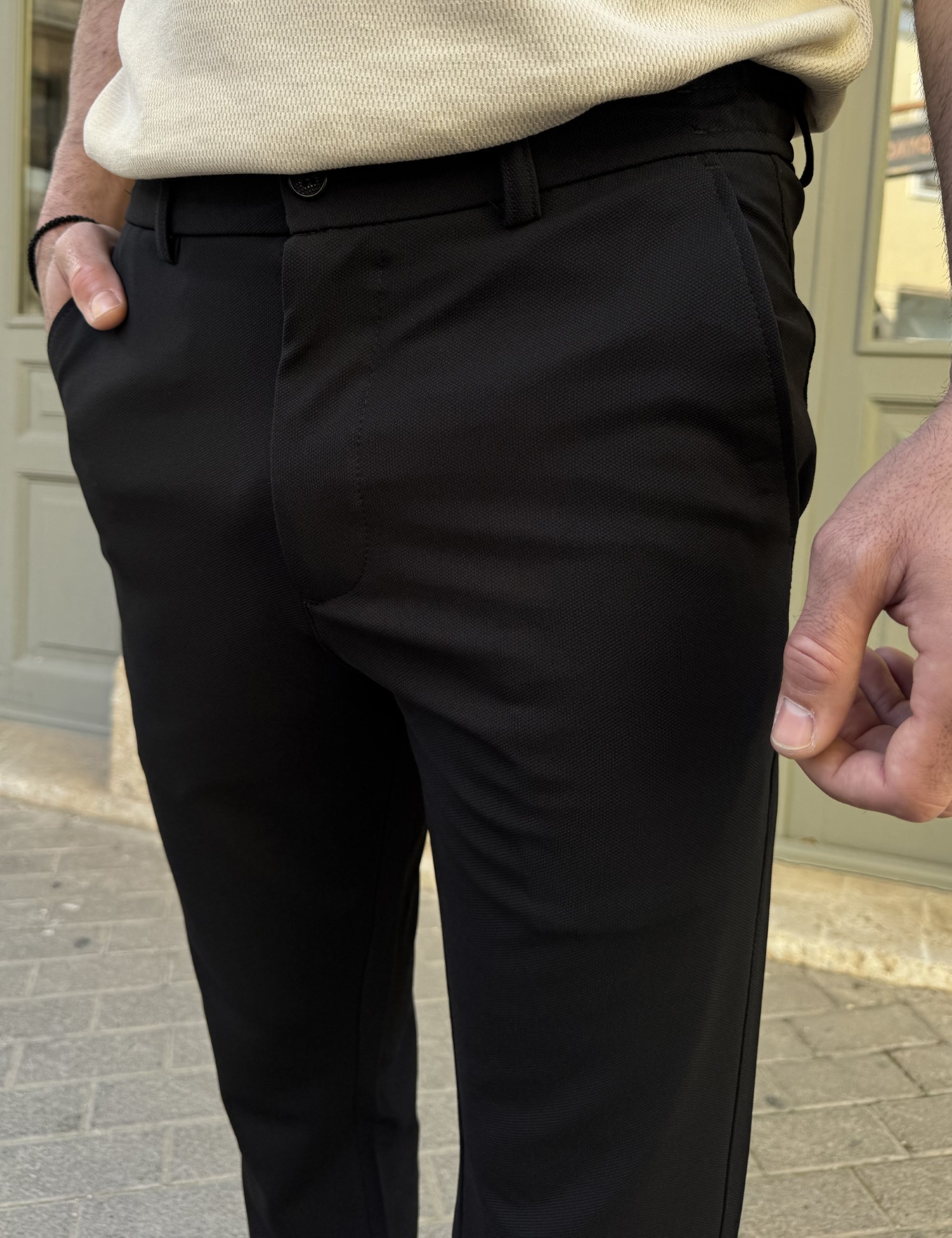 Ανδρικό μαύρο υφασμάτινο παντελόνι με λάστιχο στην μέση D1230M φωτογραφία
